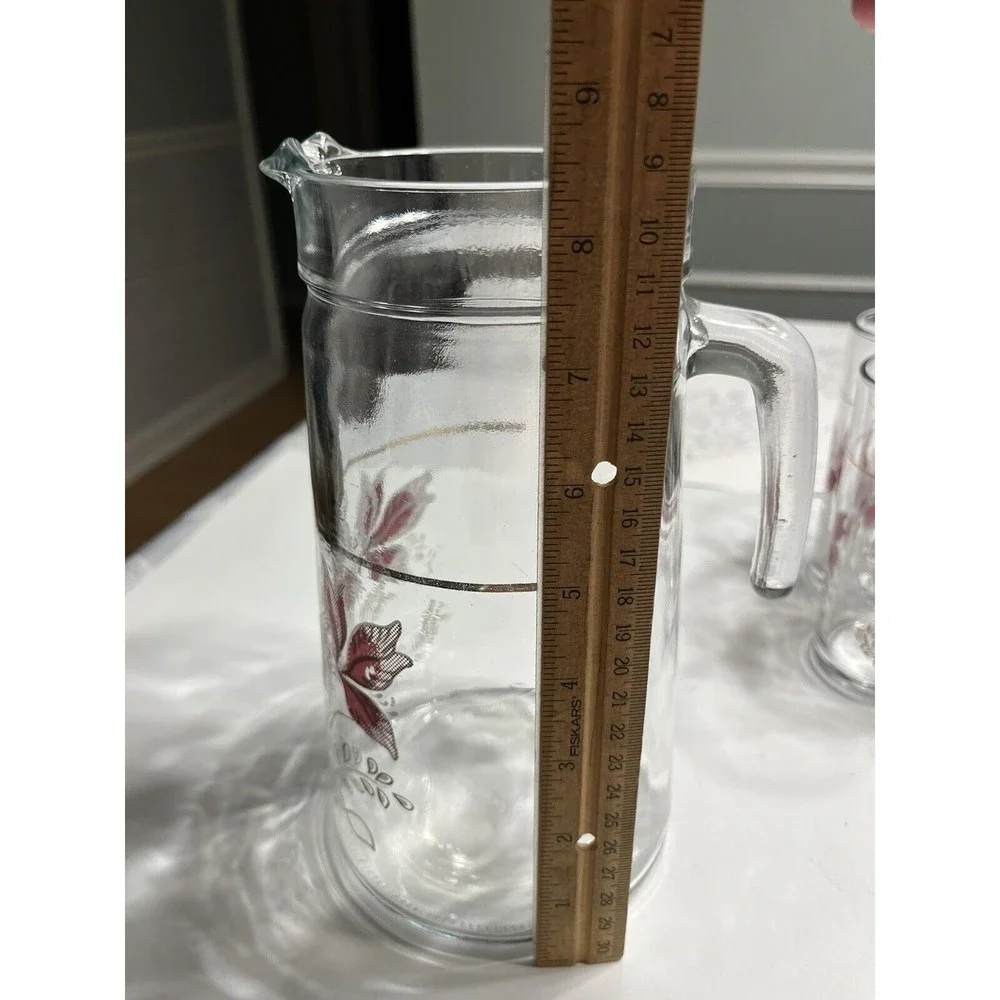6pc Vtg Floral Glass Water Juice Pitcher w 10oz Drinking Tumblers Glasses Italy
